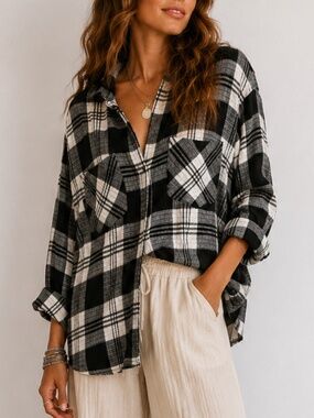 ANTHROPOLOGIE Cloth & Stone Black Cream Plaid Button Down High Low Hem Shirt S